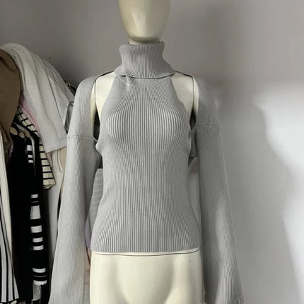 Trendix Hollow Out Sweater Sets For Women 2025 Fall New Long Sleeve Knitwear Shawl Suits Sexy Backless Knit Tank Top 2 Piece Set