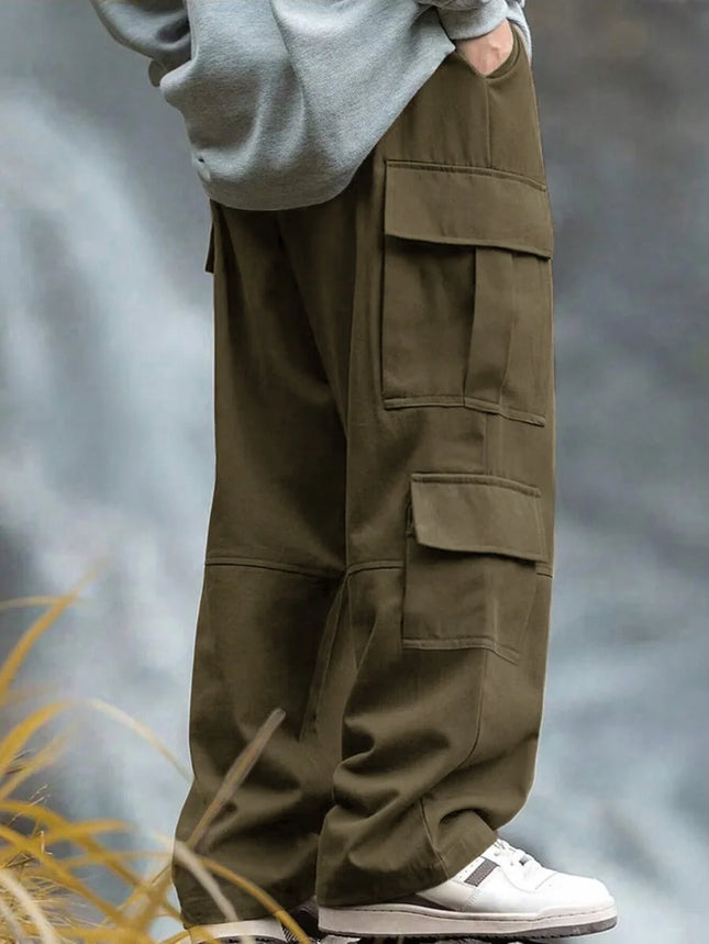 Men's Straight Leg Cargo Pants Spliced Design Multi-Pocket Functional Loose Long Trousers Outdoor Casual Streetwear Bottoms