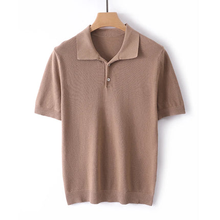 2025 Spring/Summer New Men's Short Sleeved 100% Cotton T-Shirt Sweater POLO Collar Loose Knit Pullover Business Casual Tops