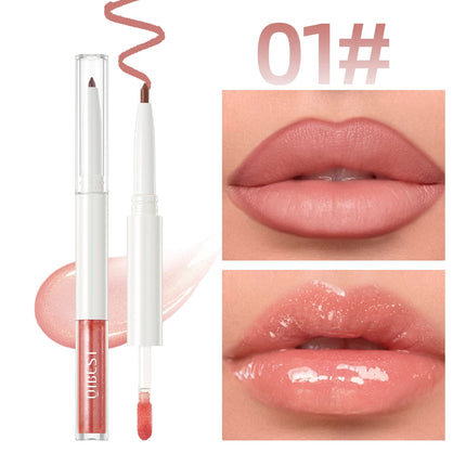 Double Head Mirror Lip Glaze 2 in 1 Lipliner Pen Water Light Lip Gloss Makeup Set Matte Velvet Lip Liner Pencil Contour Cosmetic