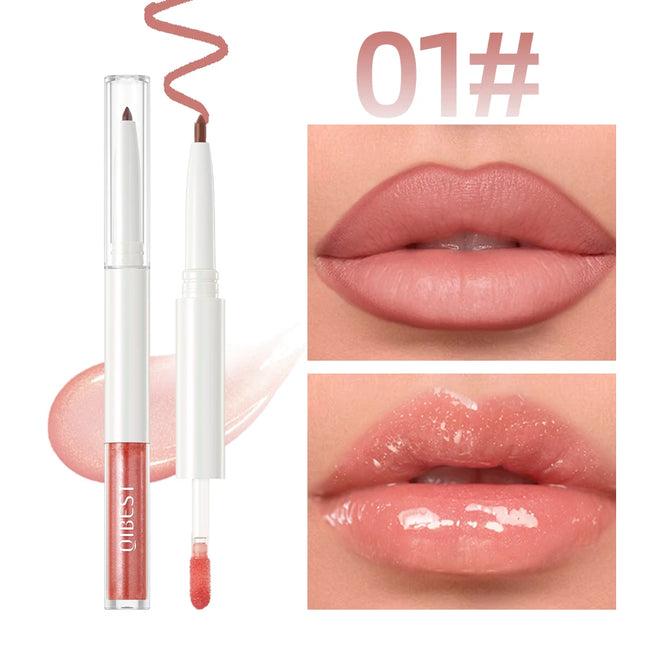 Double Head Mirror Lip Glaze 2 in 1 Lipliner Pen Water Light Lip Gloss Makeup Set Matte Velvet Lip Liner Pencil Contour Cosmetic