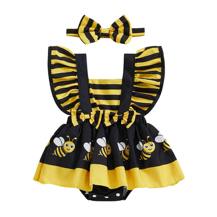 FOCUSNORM 0-18M Lovely Baby Girls Rompers Dress 4 Colors Bee/Ladybug/Cow/Elephant Print Fly Sleeve Jumpsuits with Headband