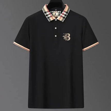 Luxury brand men's short-sleeved polo shirt, summer high-end fashion, plaid embroidery, lapel, casual T-shirt, breathable cotton top