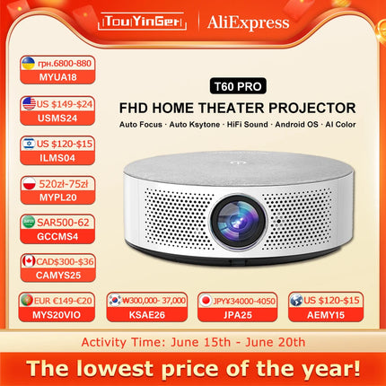 Touyinger T60 pro Auto Focus Full HD 30000Lumens 1080P Projector for 4K  5G WiFi  Home Theater Cinema Beamer