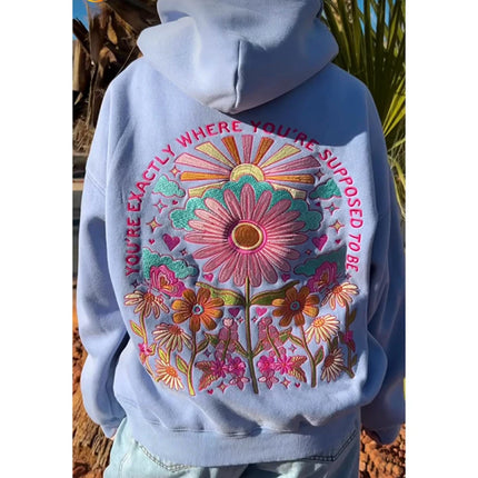 Combhasaki Women's Y2K Floral Letter Embroidered Hooded Pullover Cozy Stylish Long Sleeve Loose Sweatshirts with Kangaroo Pocket