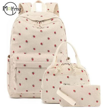 3/set Corduroy Backpacks Strawberry Multi-function Schoolbag Casual Travel Large Capacity Daily Lightweight Students School Bag