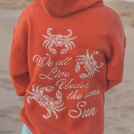 Combhasaki Women Loose Y2K Aesthetic Letter Sea Embroidered Hooded Long Sleeve Sweatshirts Pullover Tops with Kangaroo Pockets