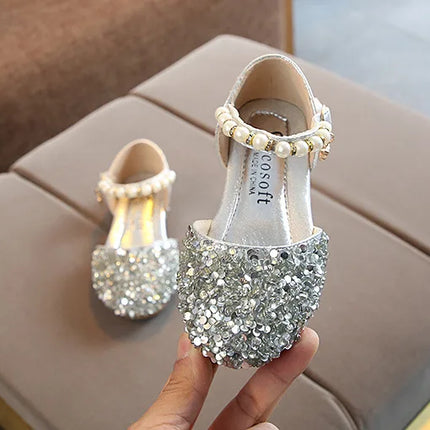 Summer Girls Shoes Bead Mary Janes Flats Fling Princess Shoes Baby Dance Shoes Kids Sandals Children Wedding Shoes Gold