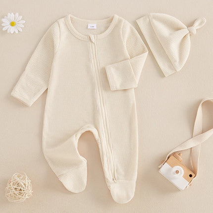 Pudcoco Newborn Baby Fall Footed Romper Solid Color Waffle Long Sleeve Crew Neck Zipper Jumpsuit with Hat 0-12M