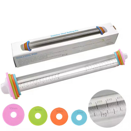 Adjustable Stainless Steel Rolling Pin with 4 Thickness Removable Rings Versatile Dough Roller for Baking Pizza Bakeware Tools
