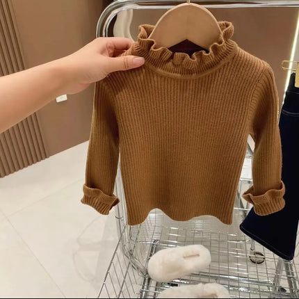 Girls Sweater Winter Fashion High Neck Solid Color Bottom Shirt Children High Elasticity Irregular Collar Knit Pullover