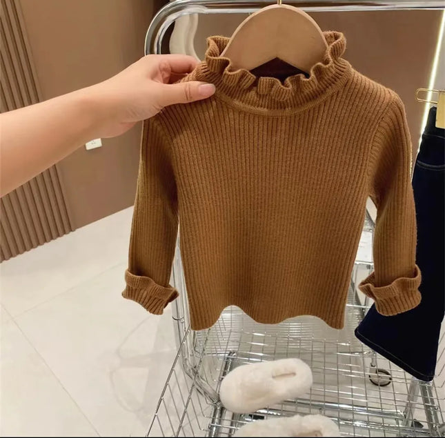 Girls Sweater Winter Fashion High Neck Solid Color Bottom Shirt Children High Elasticity Irregular Collar Knit Pullover