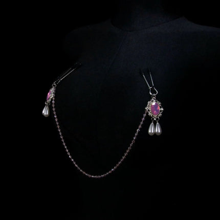 Pink Gemstone Necklace Nipple Clamps Erotic Tassel Body Chain 5 Sizes of Butt Plugs Chest Stimulation Integrated BDSM Restraint