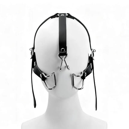 Leather-and-Metal Head-Mounted Mouth Gag with SM Training Features Alternative Control Nose Hook Integrated Mouth Expander Sex