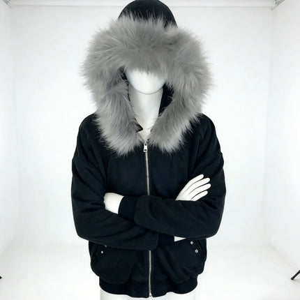 2026 New Unisex Y2K Street Hip Hop Black Hoodie Detachable Fur Collar Stitching Windproof Warm Couple Streetwear Coat