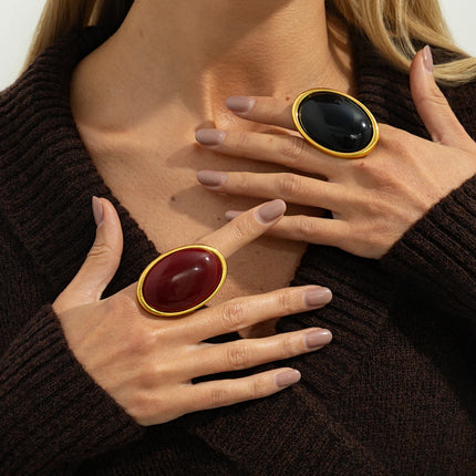 Salircon Classic Simple Geometry Red Oval Resin Finger Ring for Women Vintage Elegant Rings Charm Party Accessories Jewelry Gift