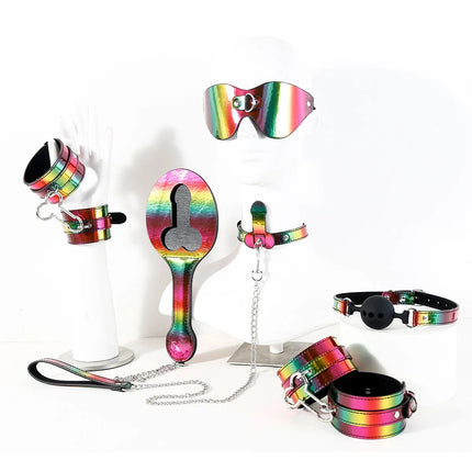 Rainbow BDSM Kit PU Leather Restraints with Handcuffs Cuffs Collar Leash Blindfold Ball Gag Paddle for Couples Role Play Sex Toy