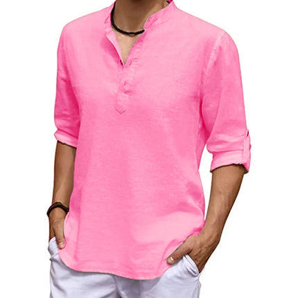New Men's Linen Long Sleeve V-neck T Shirt Solid Color Oversize Casual Shirt Cotton Shirt Plus Size Yoga Button Shirts for Men