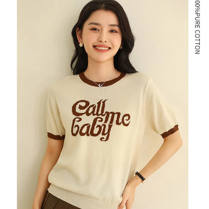 New women's short-sleeved 100% cotton knitted O-neck women's T-shirt Korean version fashionable hot selling top