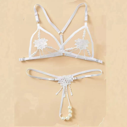 Hot Lingerie Women Lolita Underwear Open Sleepwear Sexy Pearl Hollow Bra Lace Sexy Bodysuit Pajama 2 Pcs Set Erotic Costume