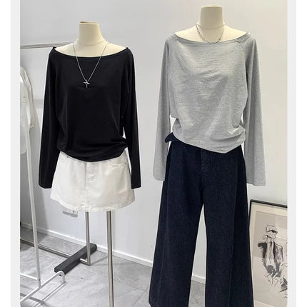 One Shoulder Cotton Slant Shoulder Long Sleeve Women's Interior-Style Wide Truffle Shoulder Base Autumn Winter Shirt