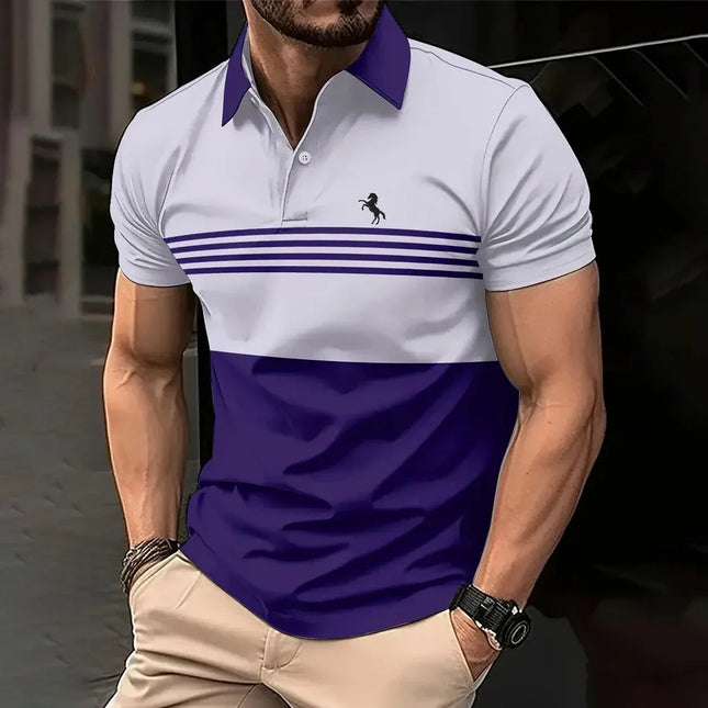 Business men's polo shirt, summer casual short-sleeved T-shirt with top striped pattern button print, loose clothing fashion pol