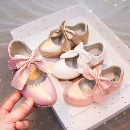Girls Leather Shoes with Big Bow-knot Princess Sweet Classic Fashion Children Party Shoes White for Wedding Soft Anti-slippery