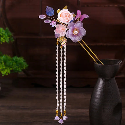 Fairy Purple Flower Hair Stick Chinese Tang Costume Hair Accessories Fringe U-shaped Hairpin Vintage Cheongsam Hair Bun Jewelry