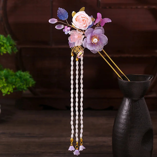 Fairy Purple Flower Hair Stick Chinese Tang Costume Hair Accessories Fringe U-shaped Hairpin Vintage Cheongsam Hair Bun Jewelry