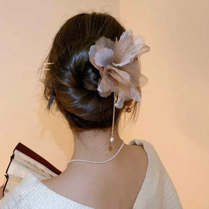 New Chinese Style Gentle Gradient Fabric Flower Hair Sticks for Women Sweet Chains Tassel Imitation Pearl Hairpin Fairy Headwear
