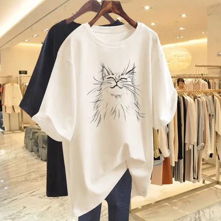Women Fashion Cat Animal Printing T-shirt Summer Cotton O-Neck Short Sleeve Basic Top Tee Office Lady Casual Loose Pullover M-6XL