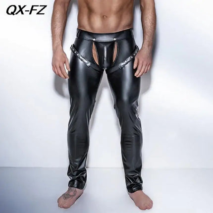 Erotic Men Faux PU Leather Pants Male Wetlook Latex Trousers Open Front Exotic Clubwear Gay Fetish PVC Pants Clubwear Costume