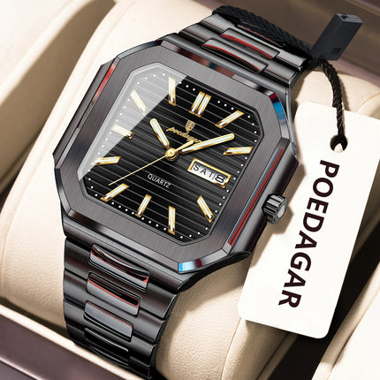 POEDAGAR Top Luxury Brand Men's Watch Waterproof Luminous Date Week Quartz Men's Watches Stainless Steel Fashion Square Men's Watch
