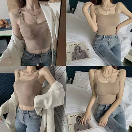Summer Crop Top Women Seamless Square Collar Wide Straps Tank Top Knitted Striped Camisole Solid Corset Top Female