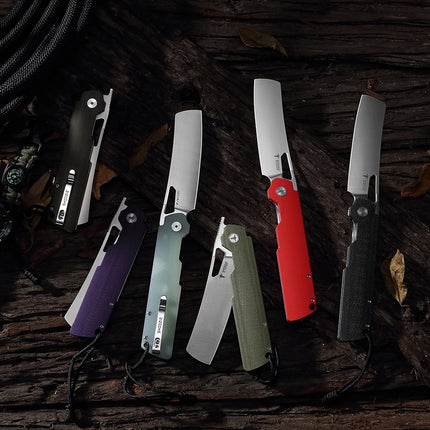 Shooziz Folding Camping Knife,Pocke knife for Man，D2 Satin/Stomewash Blade,Brass Washer for Outdoor EDC Tool,G10/Micarta Handle