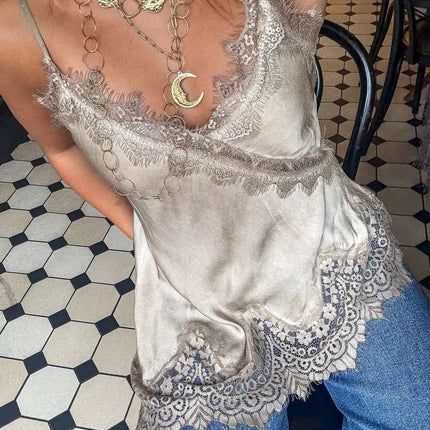Women Lace Trim Satin Tank Top Sexy Solid V Neck Silk Camisole Top Summer Fashion Asymmetrical Backless Spaghetti Strap Camisole