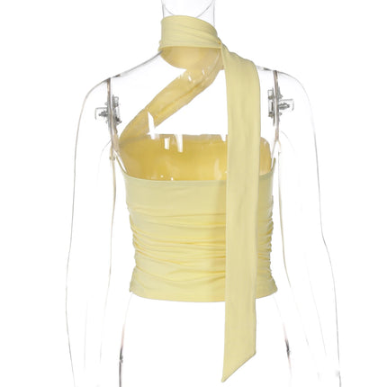 Hugcitar Women Elegant Halter Scarf Strapless Ruched Solid Sexy Slim Crop Tank Top 2025 Summer Casual Clothes Streetwear Party
