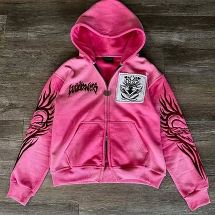 Y2K Harajuku New Fashion Skull Embroidery Plus Velvet Padded Casual Joker Vintage Popular Hip Hop Couples Fur Collar Coat Tops