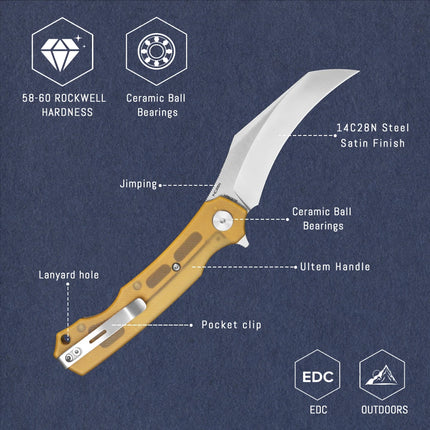 Shooziz-HAN308,Pikal Pocket EDC Knife for Men , Hawkbill Folding Knife & Ultem/G10 Handle，3.15"14C28N Steel Flipper Blade