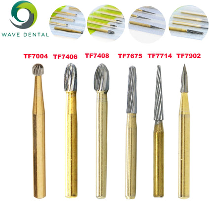 WAVE Dental Burs Tungsten Carbide Burs Gold Plated Trimming and Finishing 12 Bladed TF Series For High Speed Handpiece 5pcs/Pack