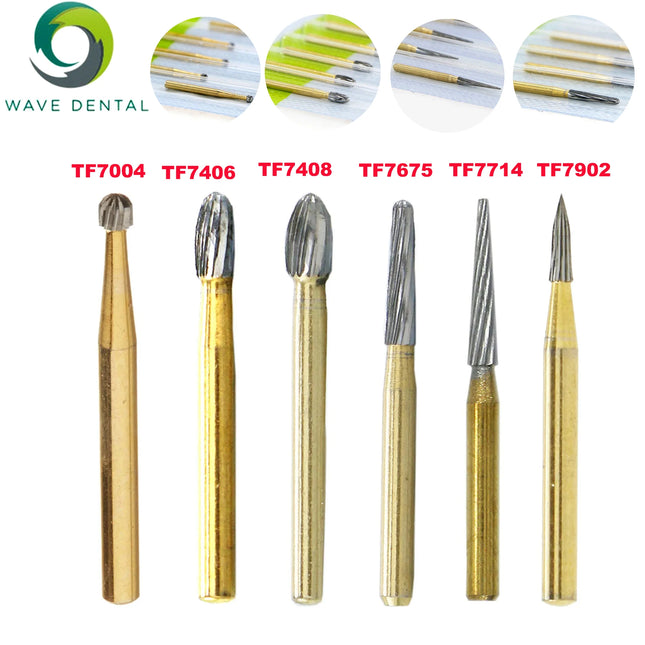 WAVE Dental Burs Tungsten Carbide Burs Gold Plated Trimming and Finishing 12 Bladed TF Series For High Speed Handpiece 5pcs/Pack