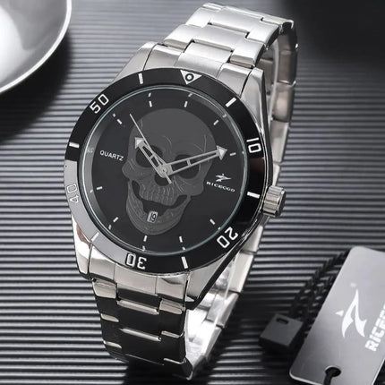Skull patterned quartz watch, stainless steel strap+dial ring, with calendar display function, personalized and trendy design, s