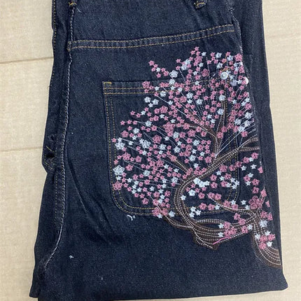 Y2K Vintage Low Waist Hip Hop Cherry Blossom Embroidered Jeans  Wide Leg Trousers Clothes Mens Embroidered Baggy Jeans Womes