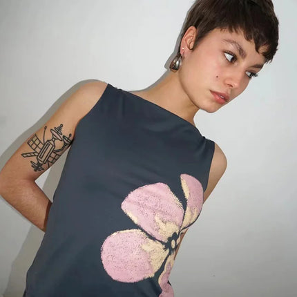 Women's Flower Print Crop Tank Top Fitted Boat Neck Sleeveless Summer Top for Party Club 2025 New Fashion