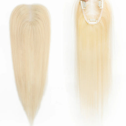 100% Human Hair Toppers Brown Highlight Hairpieces Middle Part Women Hair Topper with Lace Base Clip in Hair Extensions Natural