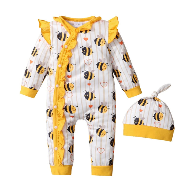 0-18 Months Newborn Baby Girls Romper Cute little bee Lovely Ruffle Long Sleeve Bodysuits + Hat Birthday Party Costumes
