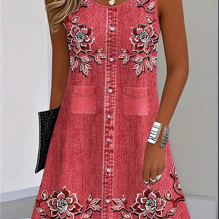 2025 Women Summer Sleeveless Bohemian Dress Fashion Imitate Cowboy Vest Flowers Print Dress Casual Tank Beach Dresses For Women