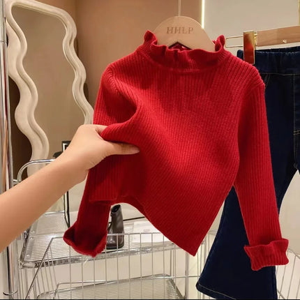 Girls Sweater Winter Fashion High Neck Solid Color Bottom Shirt Children High Elasticity Irregular Collar Knit Pullover