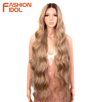 FASHION IDOL 36inch/90cm Body Wavy Lace Wigs Synthetic High Temperature Fiber Ombre Blonde Natural Hair Lace Front Wigs Cosplay