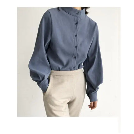 Spring Fashion Women Solid Stand Collar Casual Elegant Fashion Women's Top Clothing Blouse Shirt Lantern Long Sleeve Women's Shirts